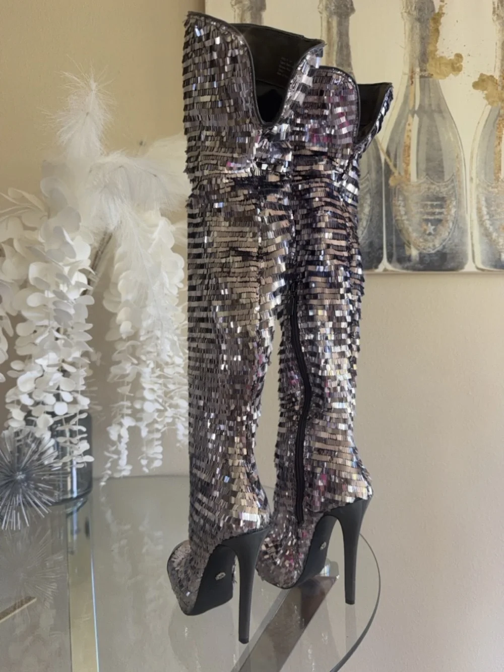 Sequin Over-the-Knee Platform Stiletto Boots - Silver